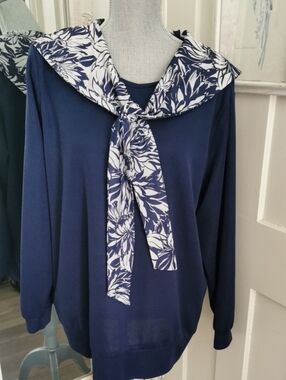 Vintage Tradition Sears Cottagecore Navy Pullover Sweater FloralScarf tie XL